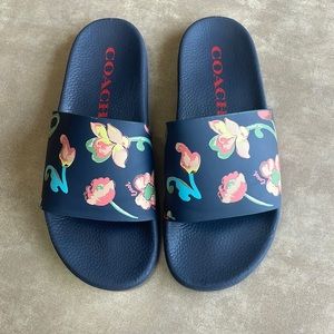 Navy Blue Floral Coach Slides
